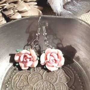 Pink Rose Flower Handcrafted Fimo Polymer Clay Bead Dangle Earrings